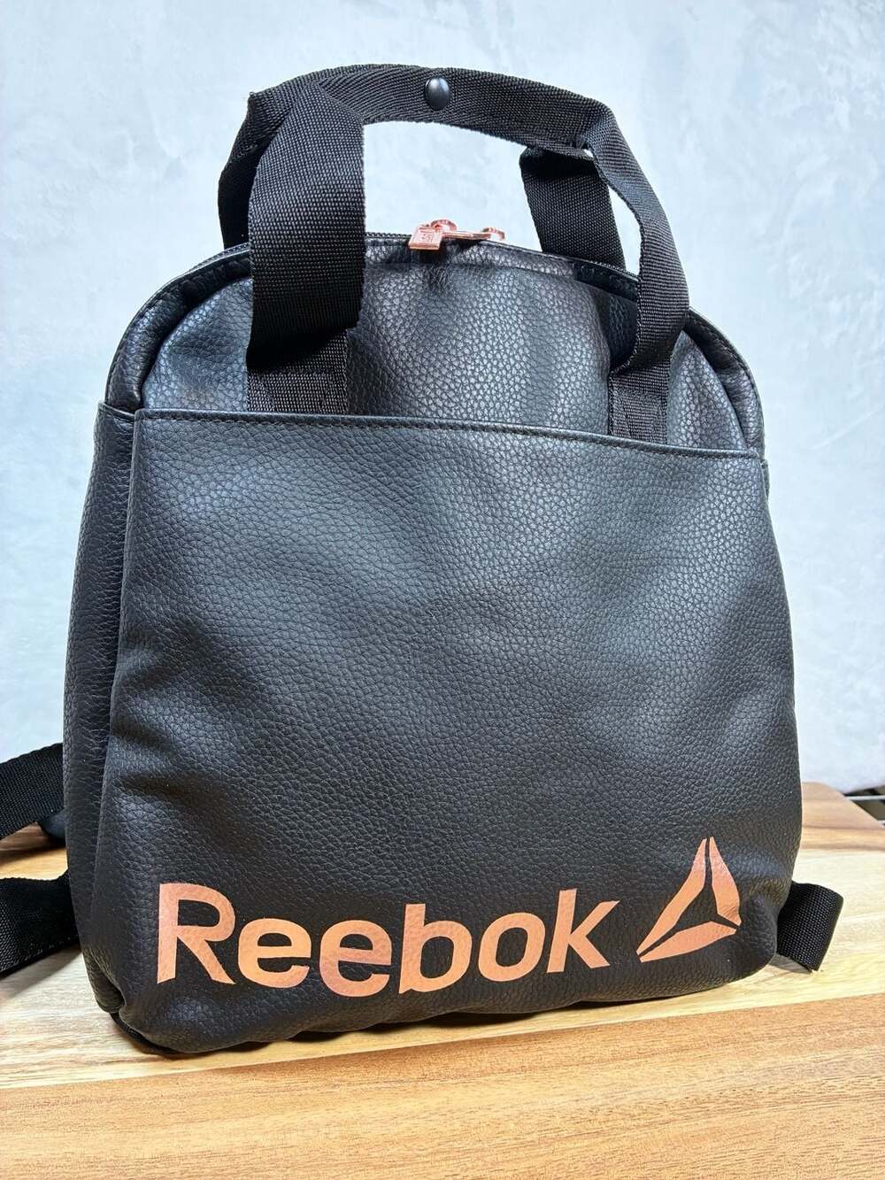 Reebok Lola Mini Backpack Black Faux Leather Rose Gold Logo